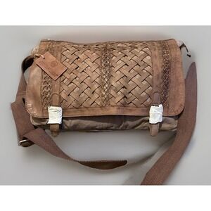 Anabaglish large distressed cotton canvas‎ leather trim crossbody/shoulder bag
